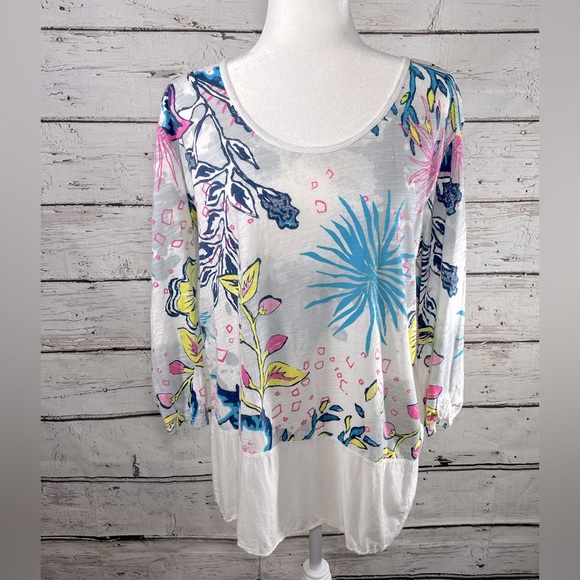 FRESH PRODUCE Tunic Top 3/4 Sleeves White/Gray Floral Print-Large - Picture 1 of 2
